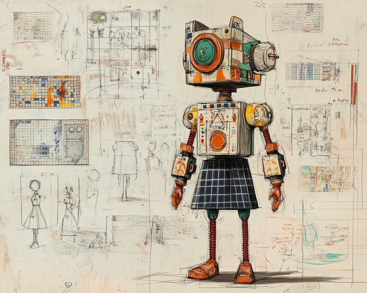 Illustrated robot with a mechanical body and colorful patterns on a background of sketches and diagrams.