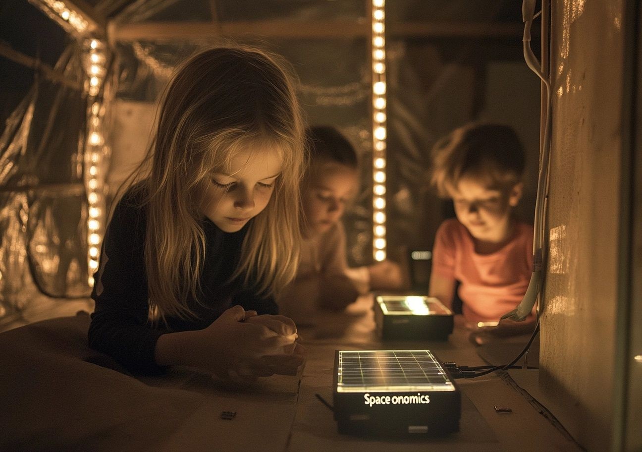 Children playing with illuminated educational gadgets in a dimly lit room.