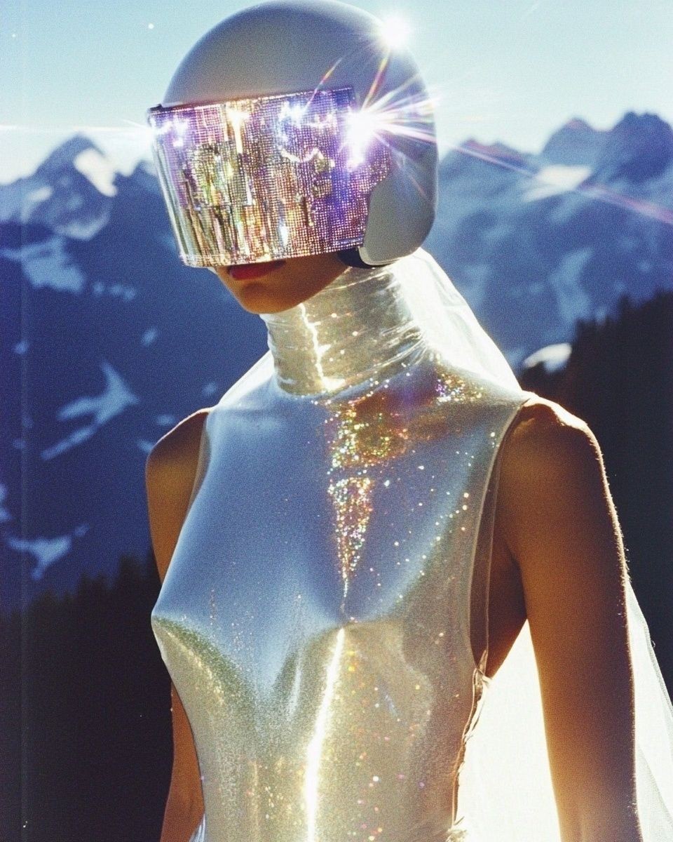 Person in a shimmering futuristic outfit and helmet with a sparkling visor, standing against a mountainous backdrop.