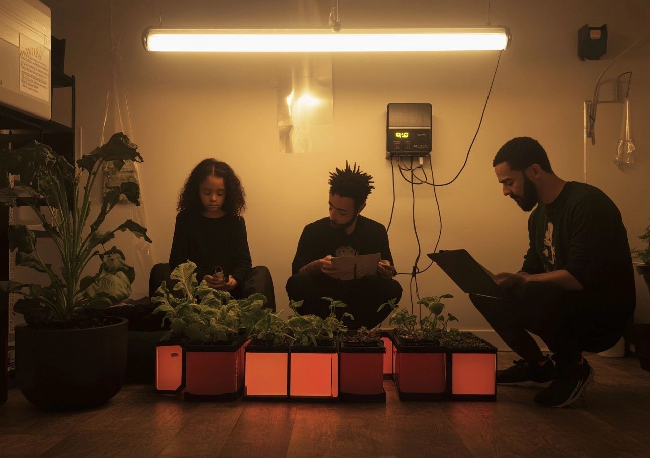 Three people tending to indoor plants under a grow light, holding papers and a tablet.